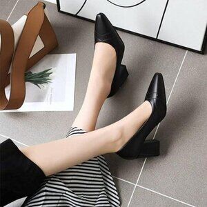 Chunky High Heel Pumps for Women Pointed Closed Toe Slip On Block Heeled Formal